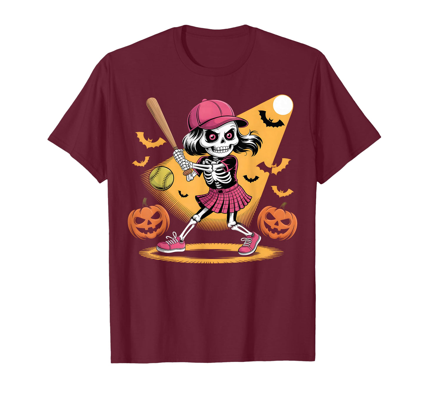 Skeleton Girl Softball Halloween Pumpkins and Bats Costume T-Shirt
