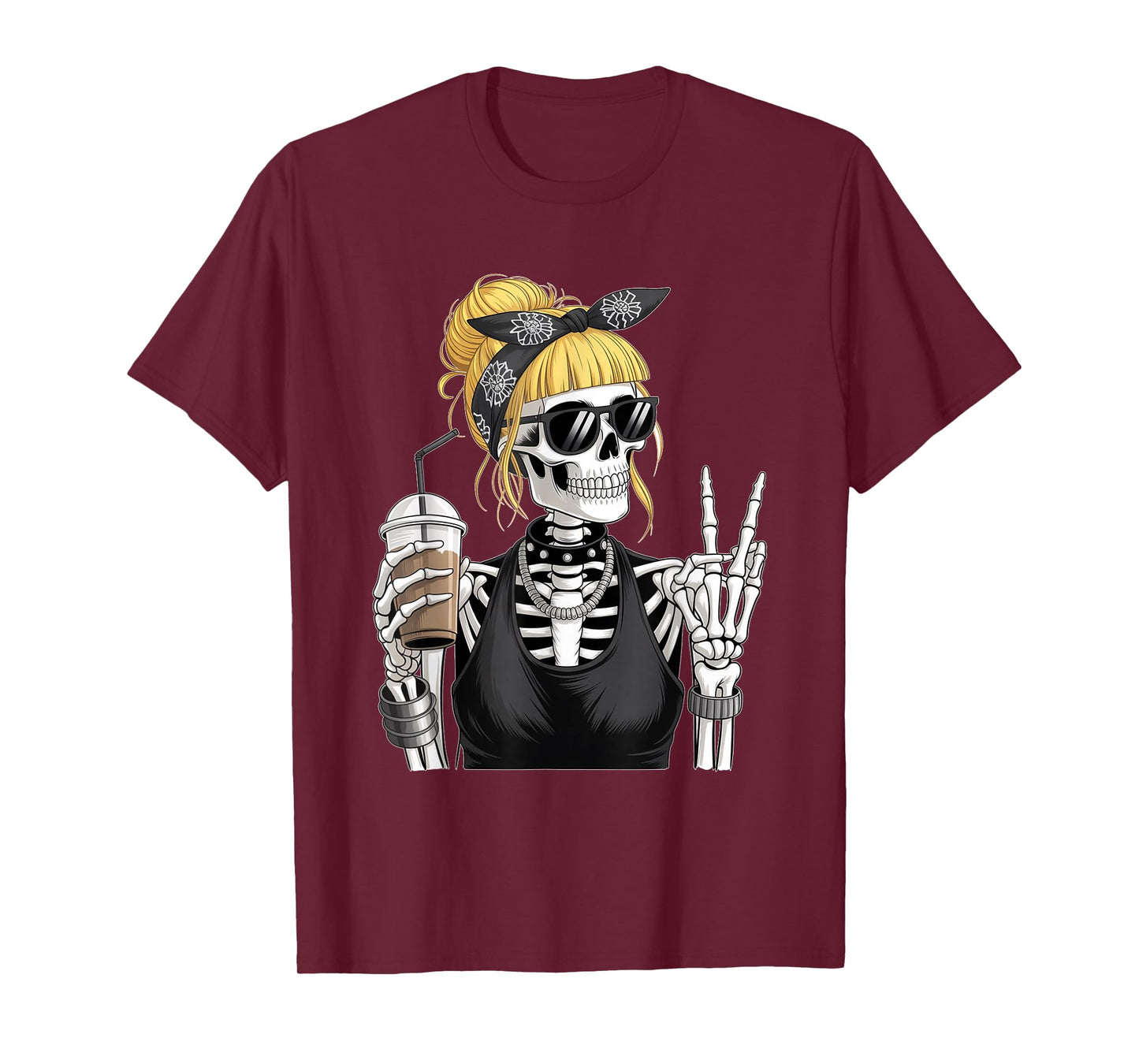 Skeleton Girl Drinking Coffee Peace Sign Graphic for Women T-Shirt