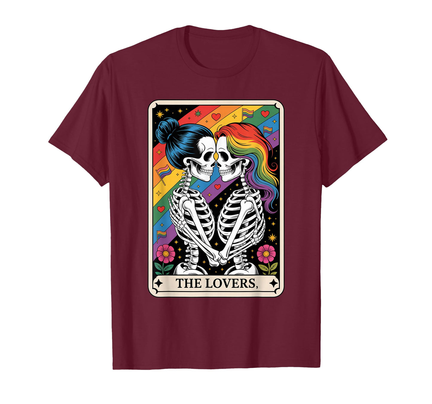 Tarot Card The Lovers Rainbows Kissing Lesbian Skeletons T-Shirt