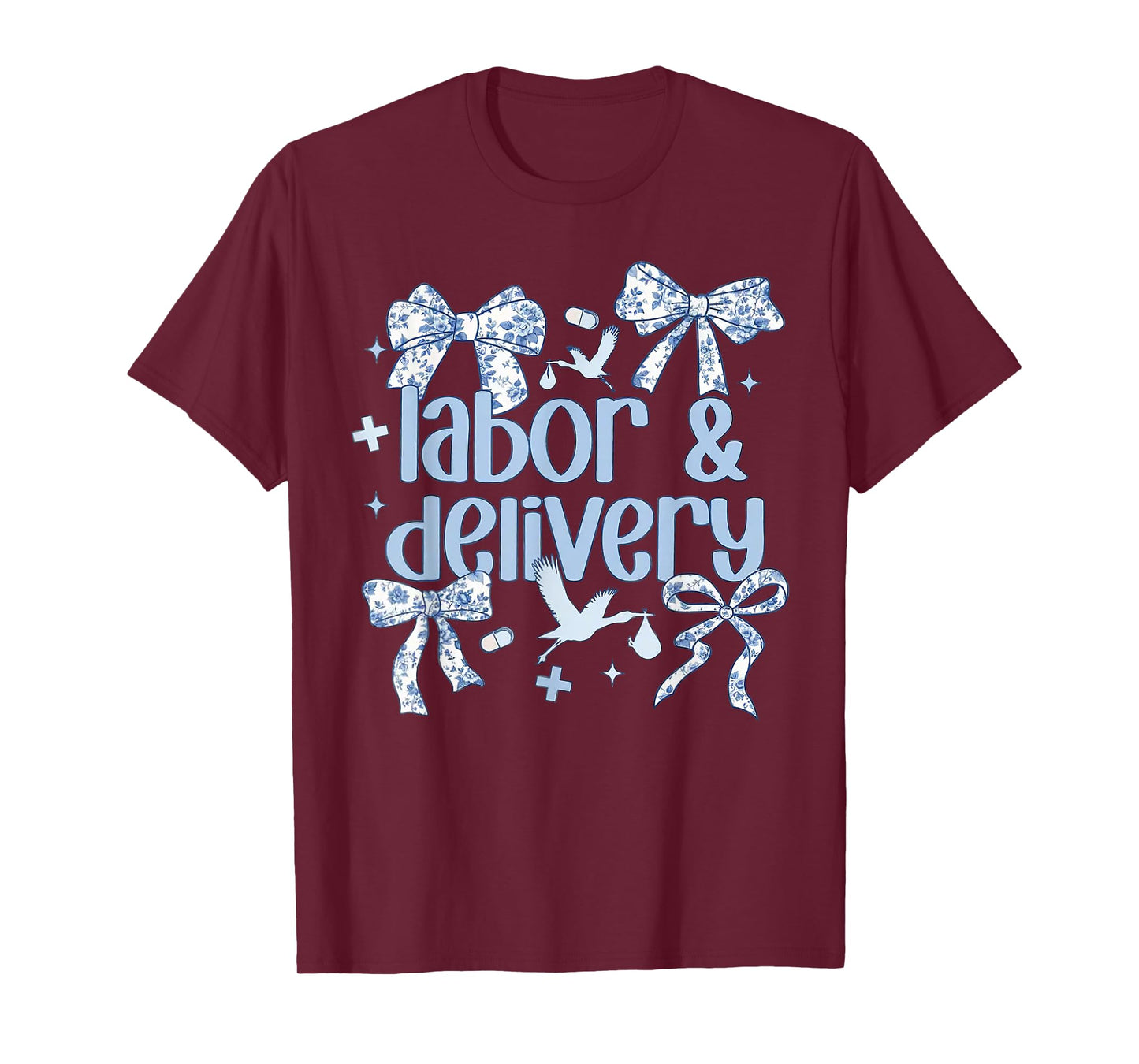 Labor and Delivery Nurse Blue Toile Coquette Bow Stork Squad T-Shirt