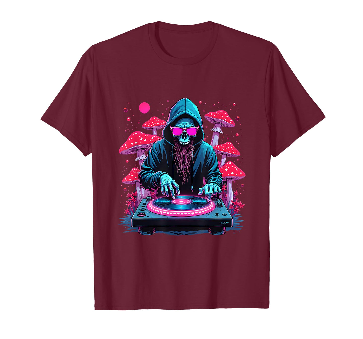 Neon Skull DJ Spinning Turntable Trippy Rave Design T-Shirt