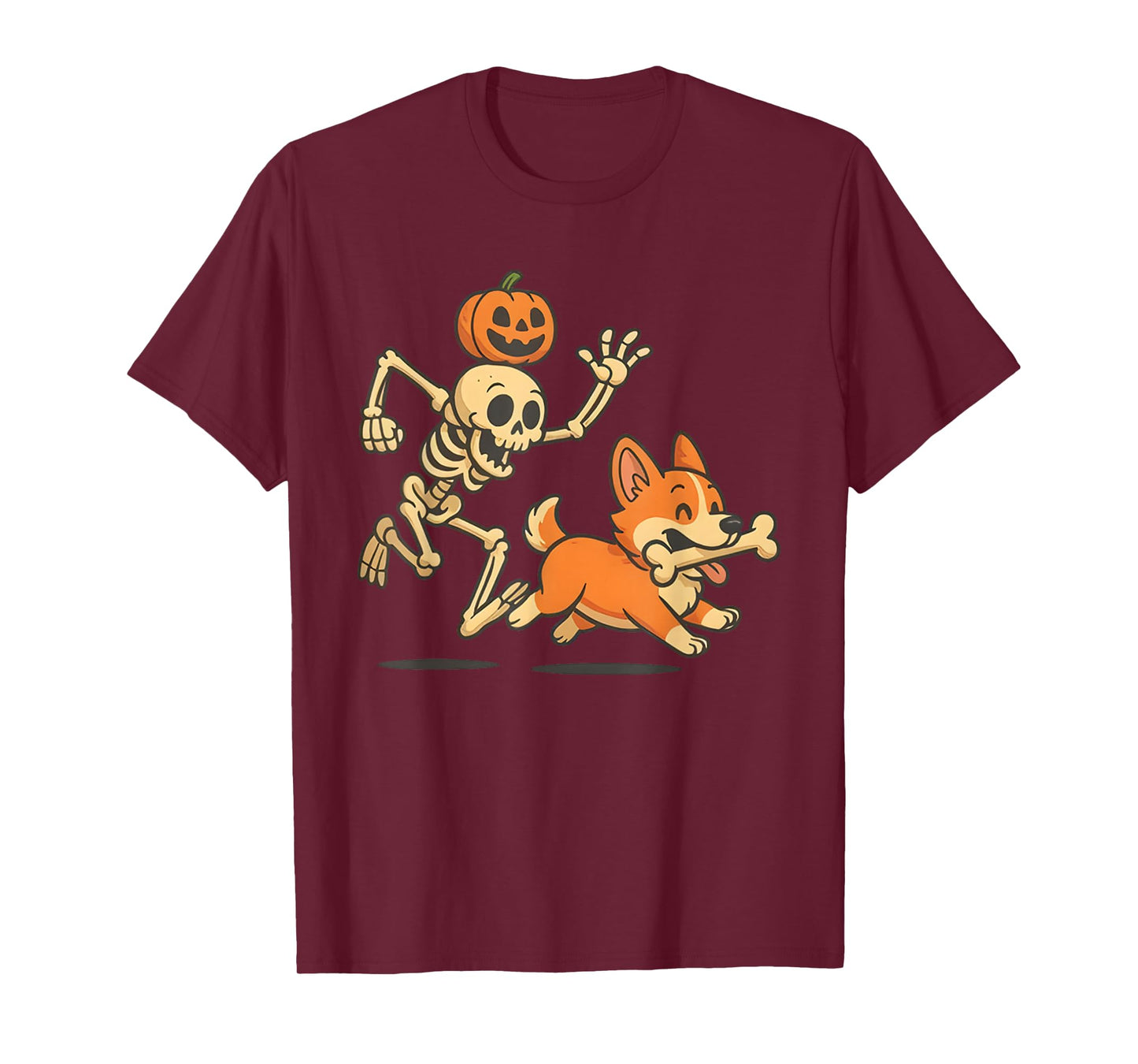 Funny Skeleton Chasing Corgi Halloween Dog Mom Pet Lover T-Shirt