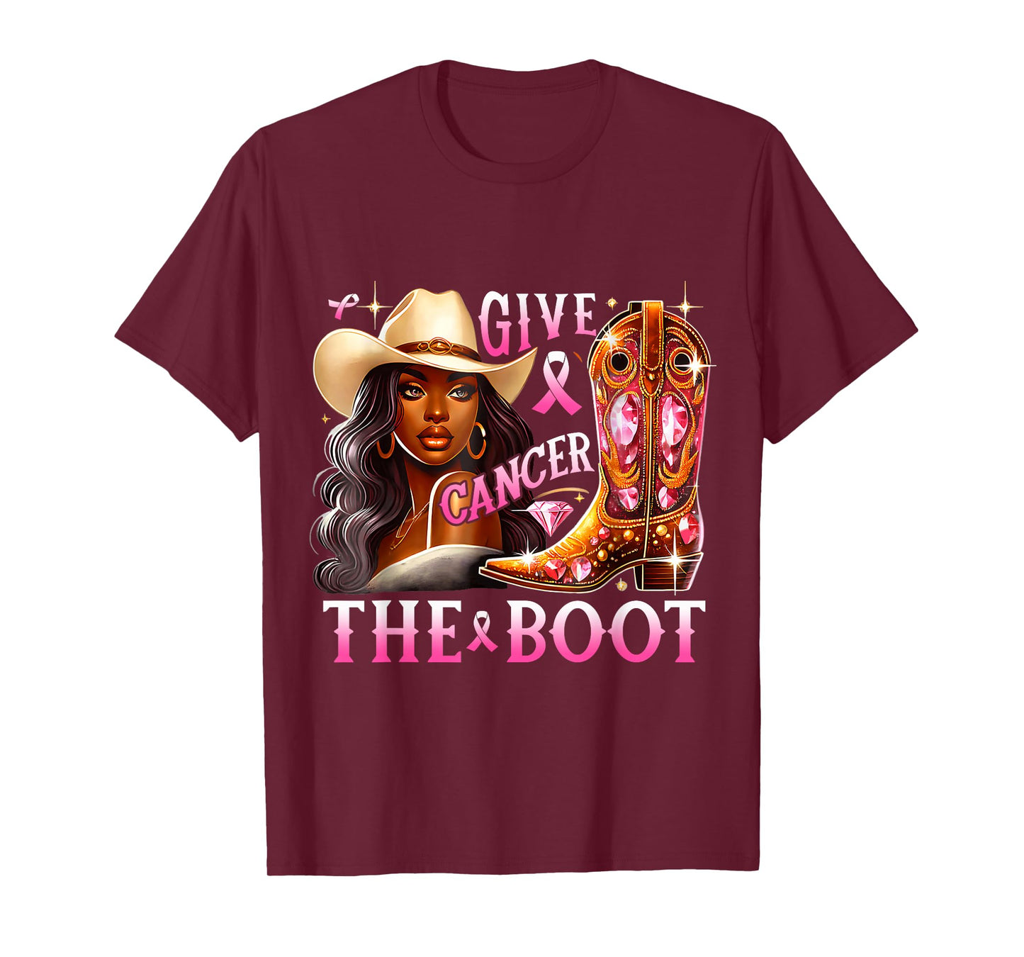 Give Cancer The Boot Breast Cancer Awareness Melanin Cowgirl T-Shirt