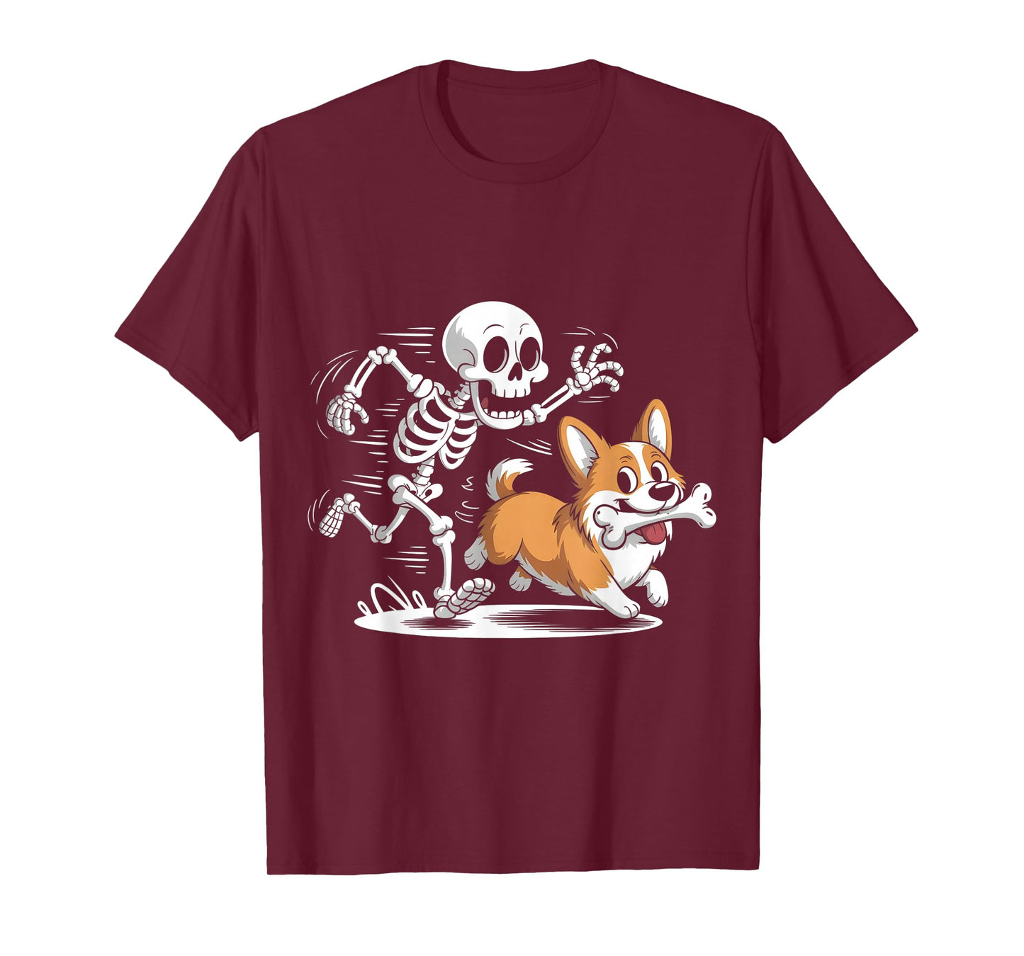 Skeleton Chasing Corgi Funny Halloween T-Shirt