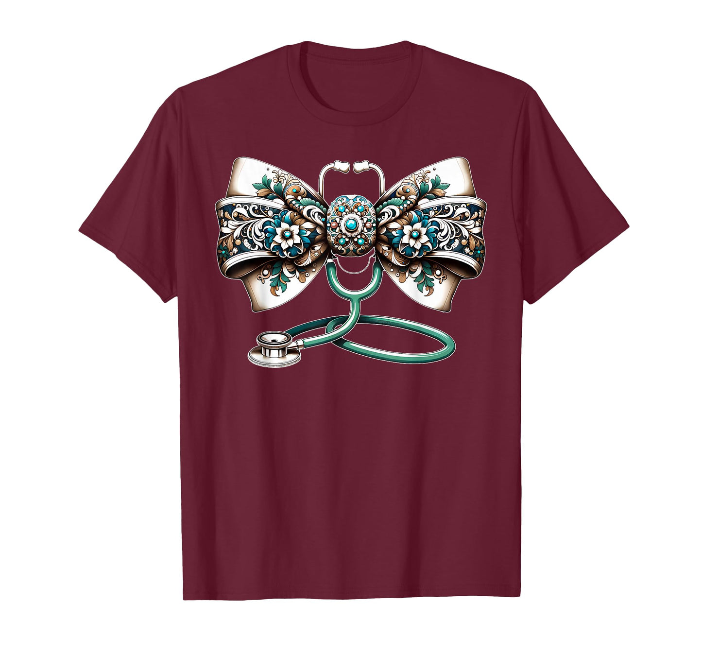 Coquette Bow Stethoscope Western Teal Turquoise RN Nurse T-Shirt