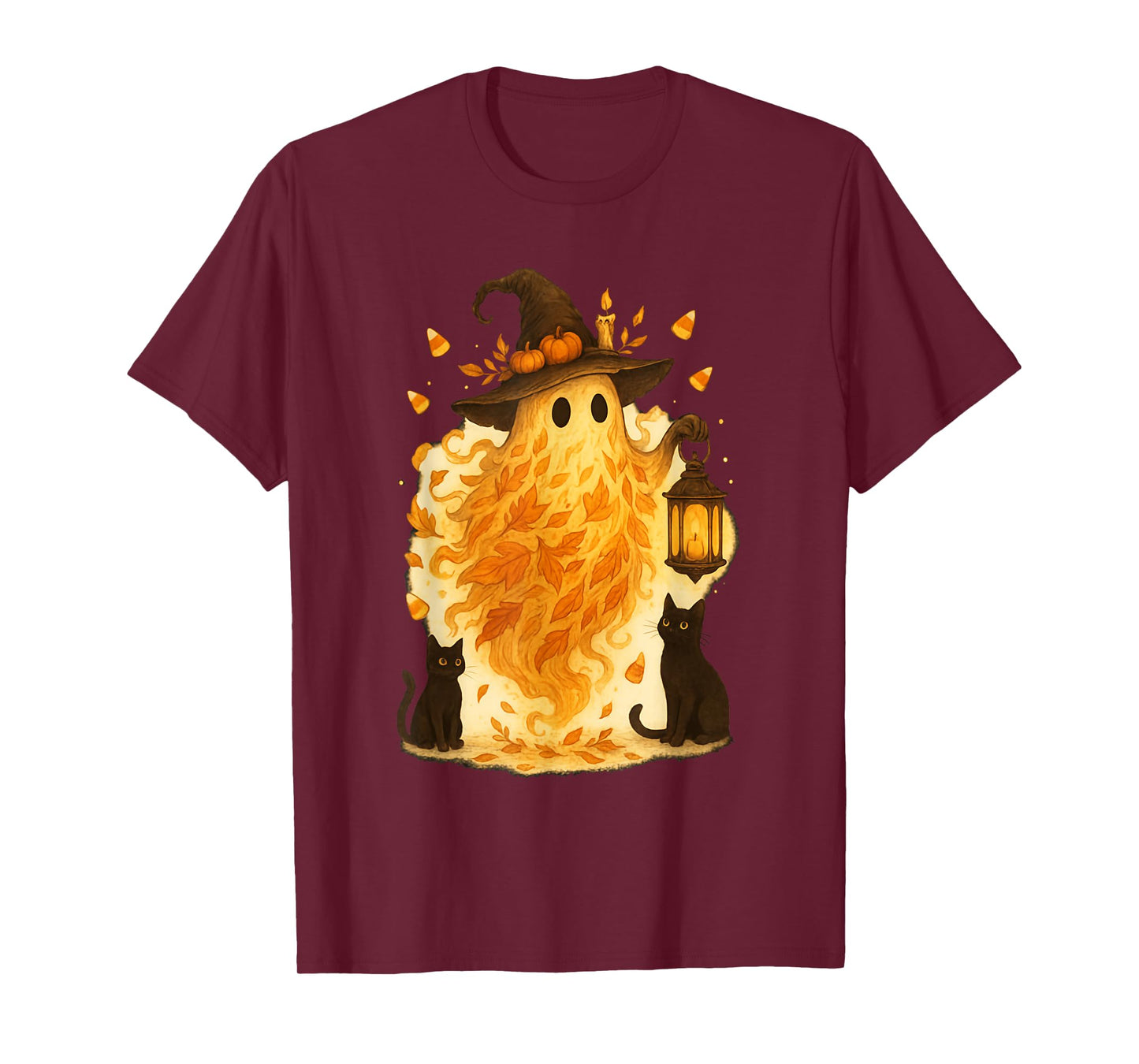 Halloween Witch Hat Ghost and Black Cat Groovy Floral Autumn T-Shirt
