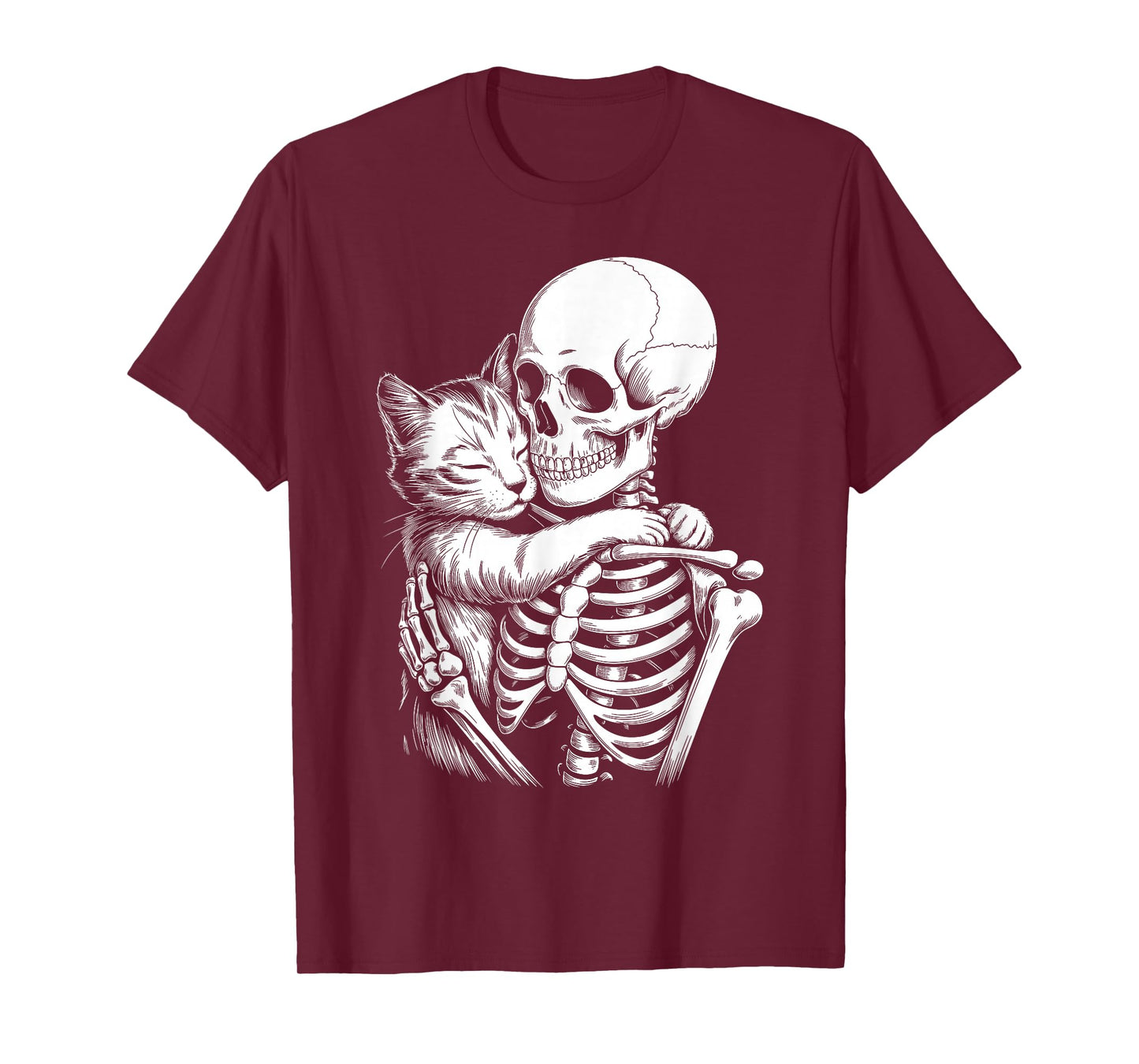 Skeleton Hugging Cat Lover Spooky Season Halloween T-Shirt
