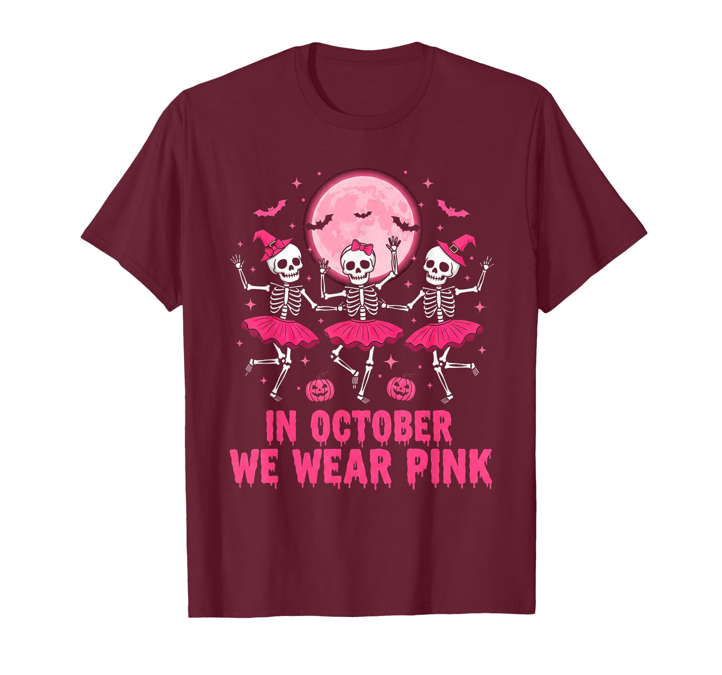 October We Wear Pink Skeleton Halloween Breast Cancer Women T-Shirt