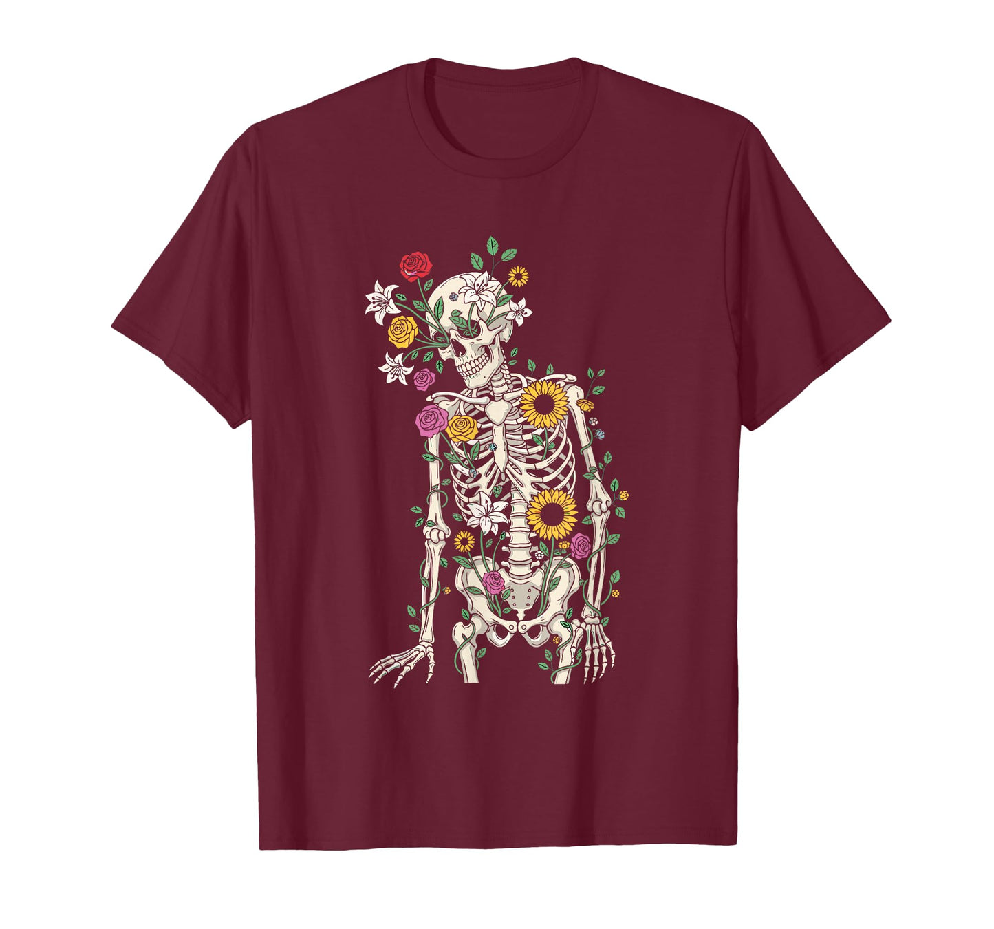 Skeleton with Sunflowers and Roses Funny Halloween T-Shirt