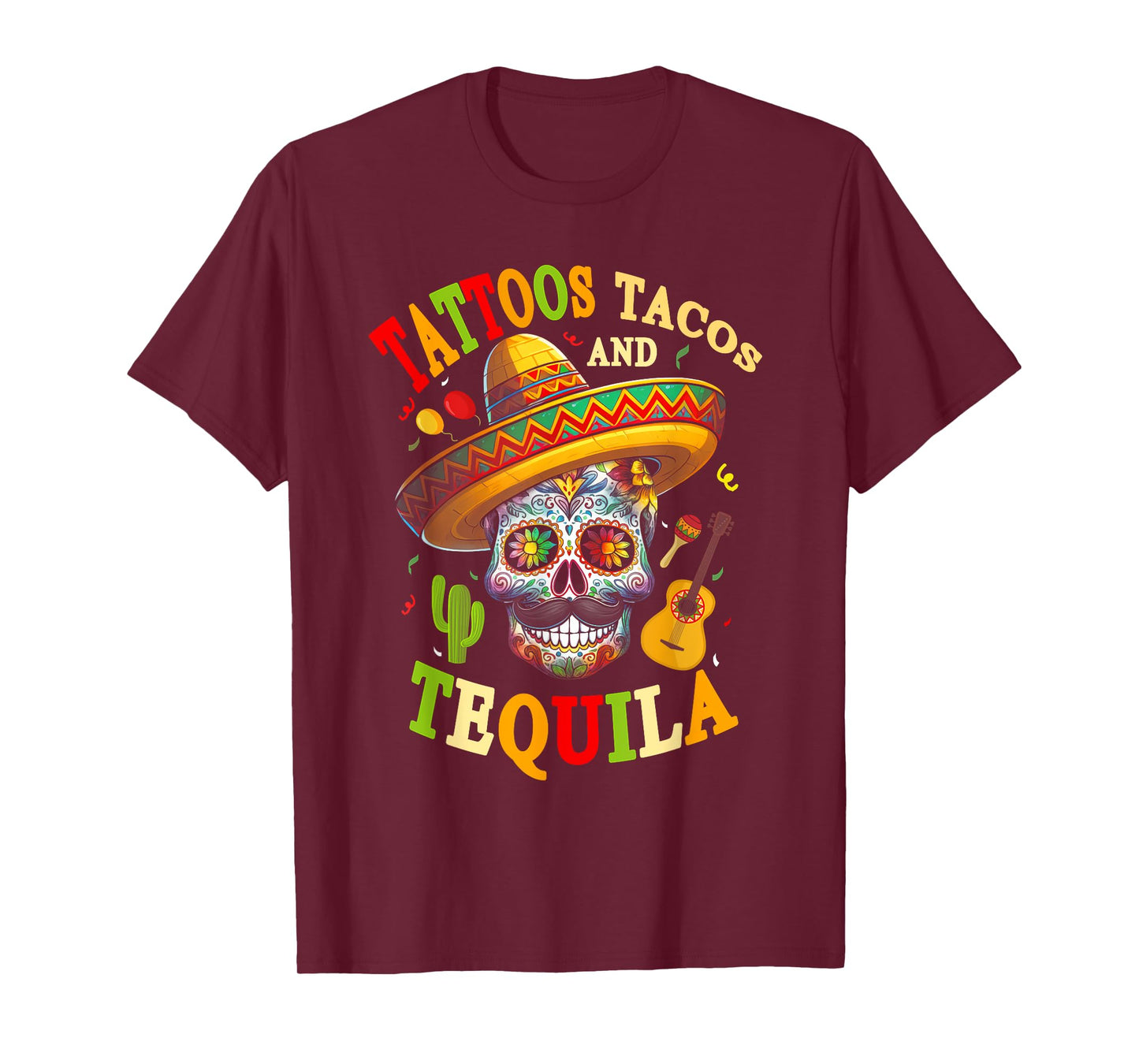Womens Tattoos Tacos Tequila Mexican Skull Cinco De Mayo T-Shirt