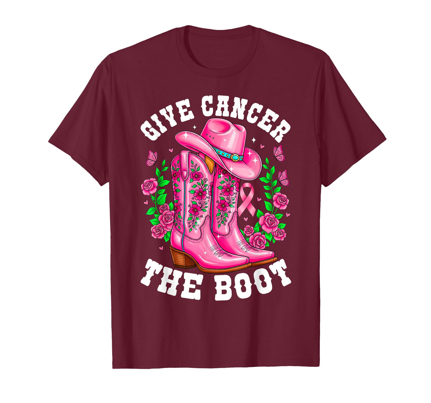Give Cancer The Boot Cowgirl Breast Cancer Awareness Ribbon T-Shirt