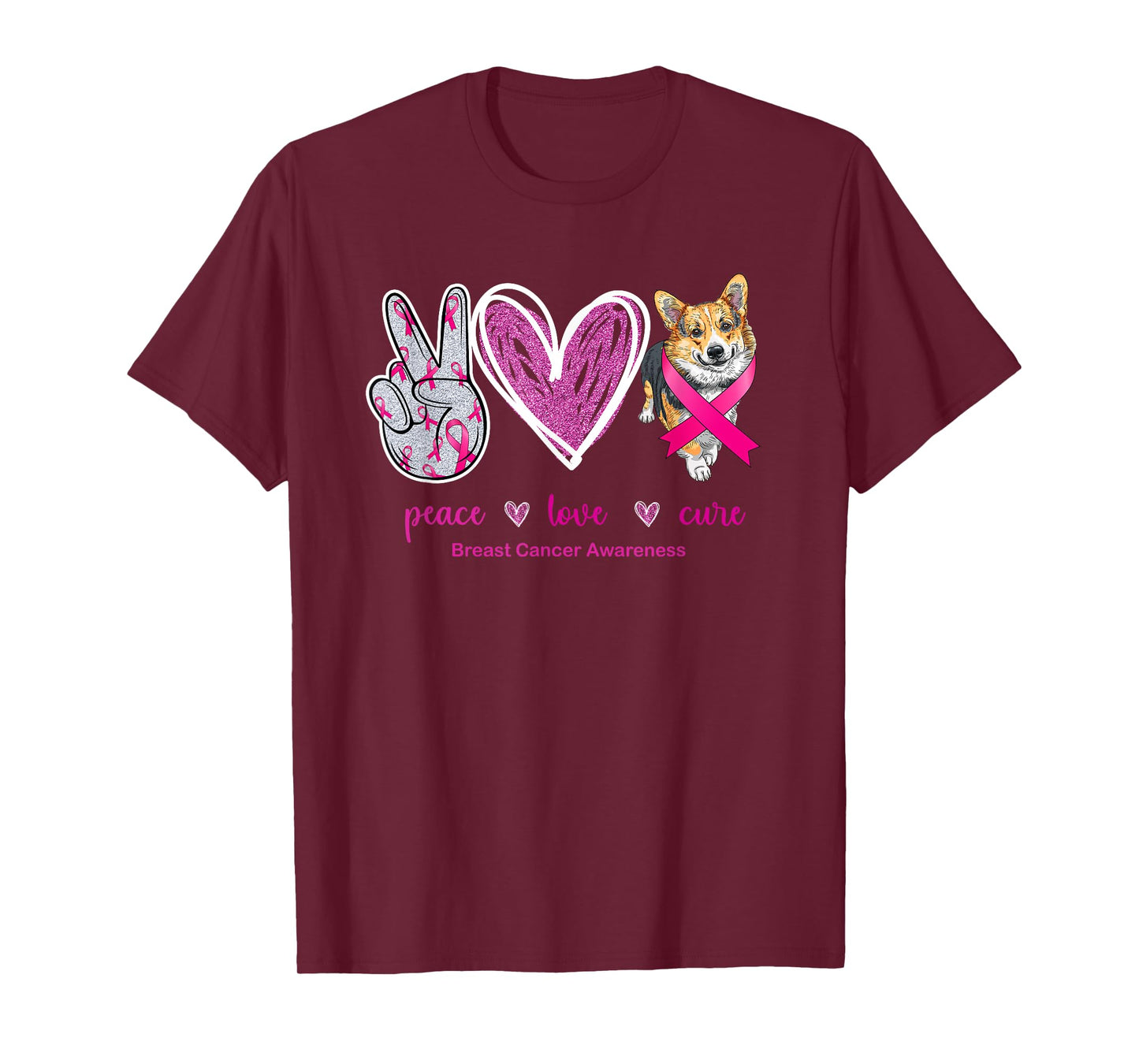 Peace Love Cure Corgi Dog Breast Cancer Awareness T-Shirt for Men Women