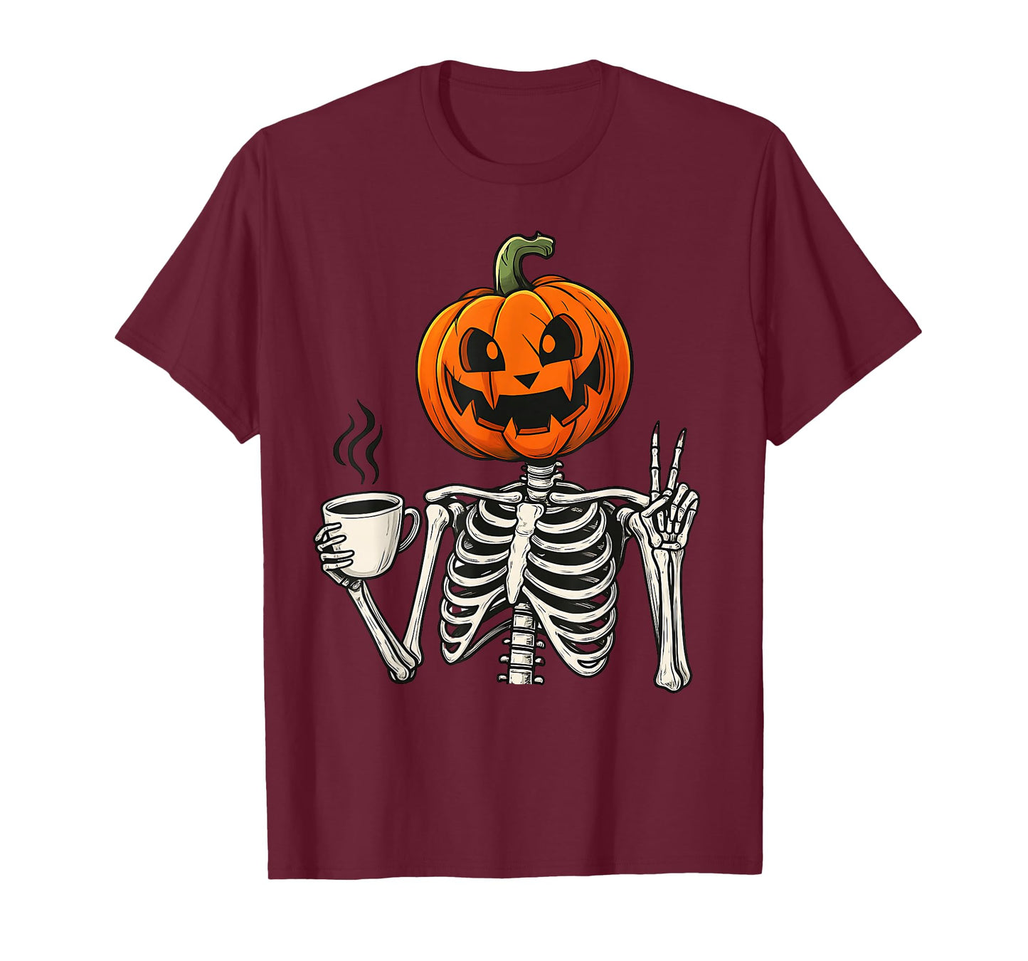 Kawaii Coffee Drinking Skeleton Pumpkin Halloween Costume T-Shirt