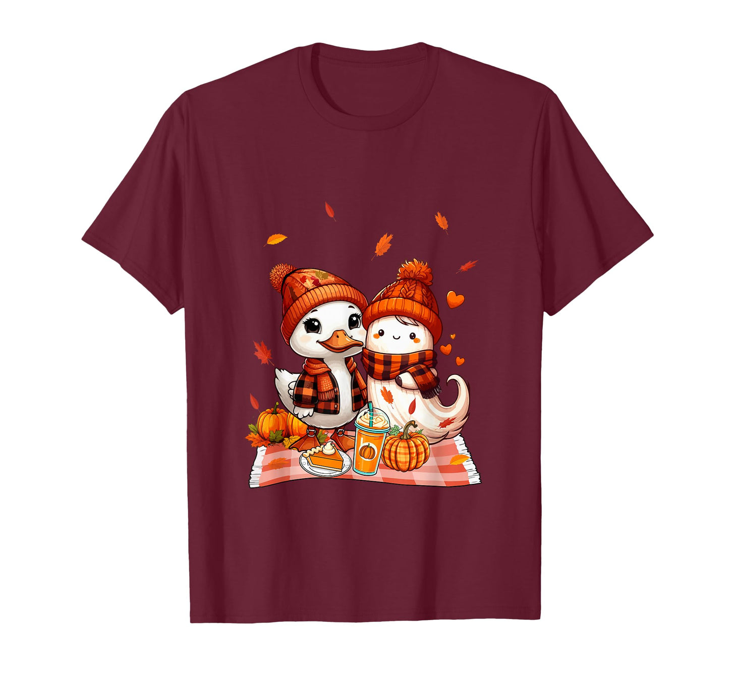 Duck with Boo Halloween Thanksgiving Fall Leaves Pumpkins T-Shirt