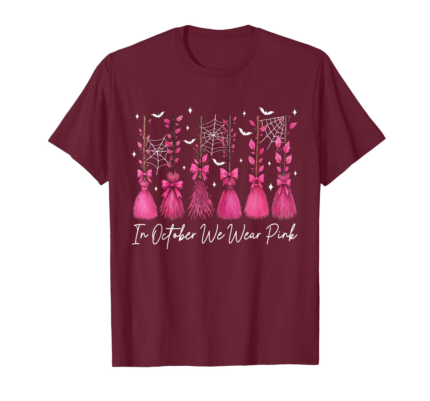 in October We Wear Pink Witch Broom Breast Cancer Halloween T-Shirt