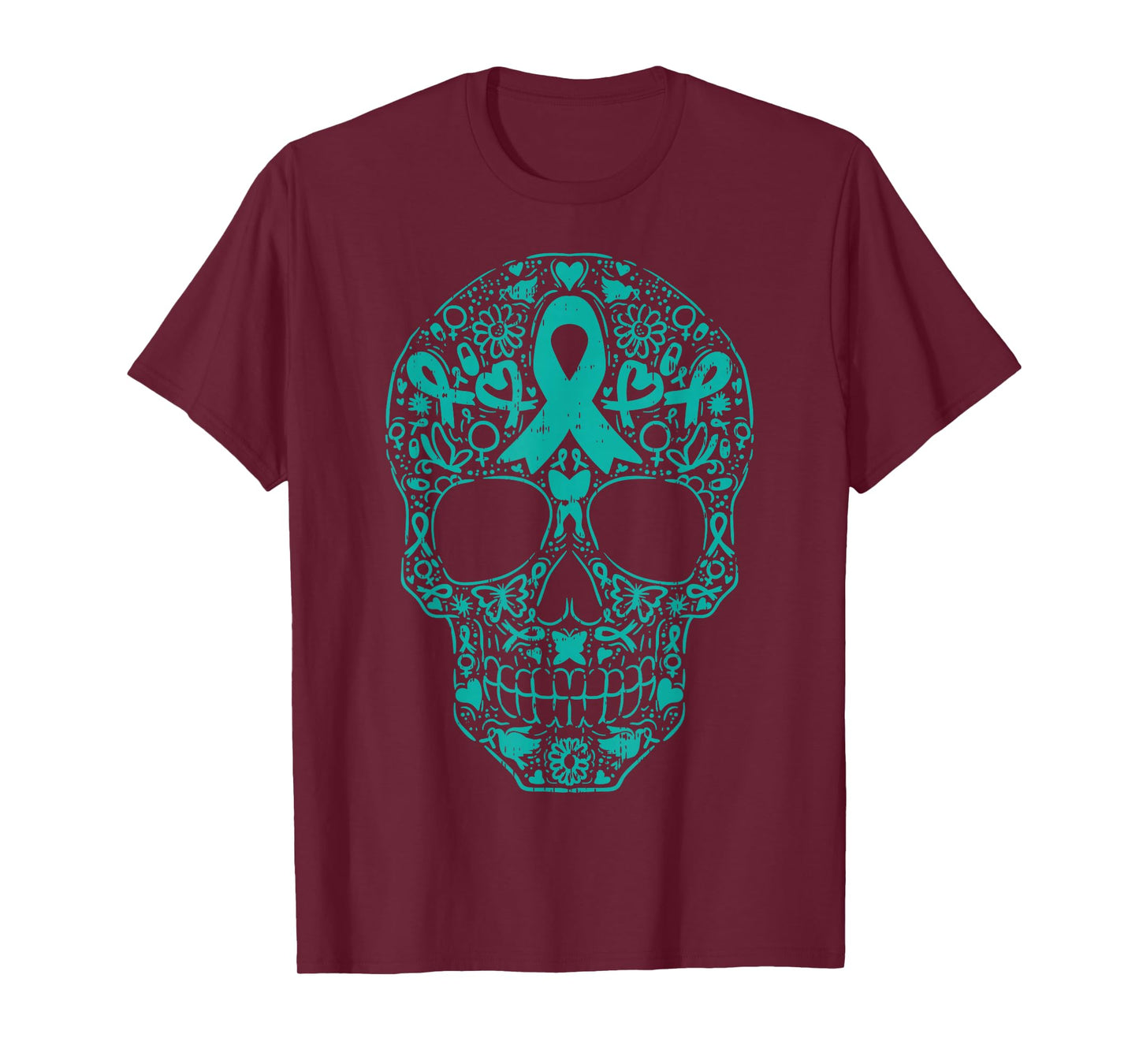 Sugar Skull Teal Ribbon Ovarian Cancer Awareness Mexican T-Shirt