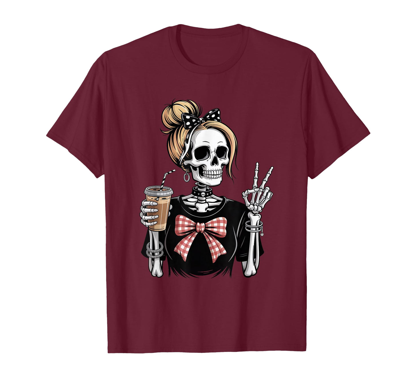 Skeleton Girl Drinking Coffee Peace Sign Graphic for Women T-Shirt