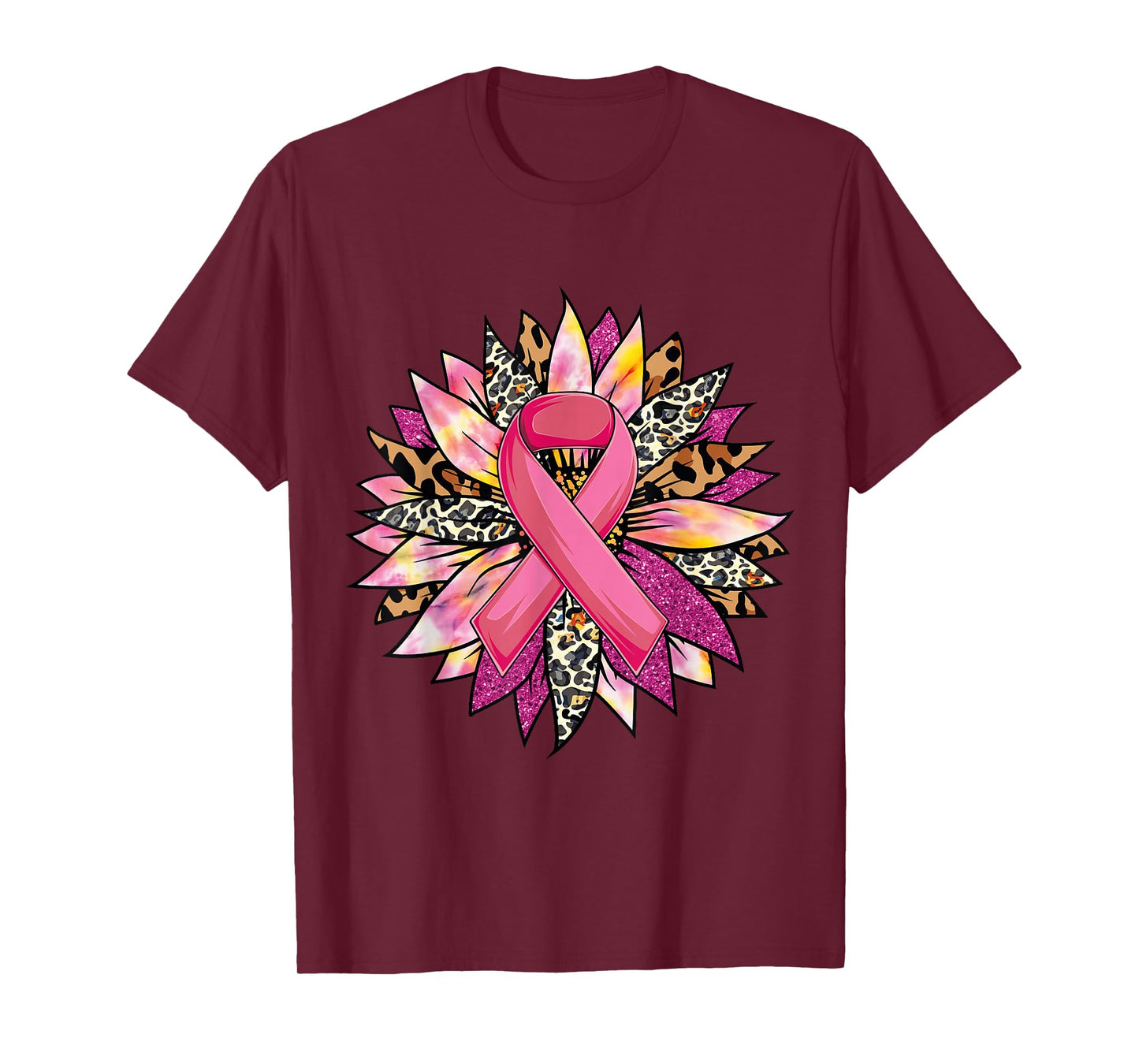 Sunflower Breast Cancer Awareness Leopard Sunflower Ribbon T-Shirt