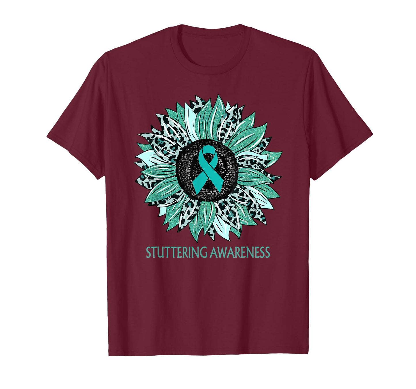 Leopard Sunflower Stuttering Awareness Teal Ribbon T-Shirt