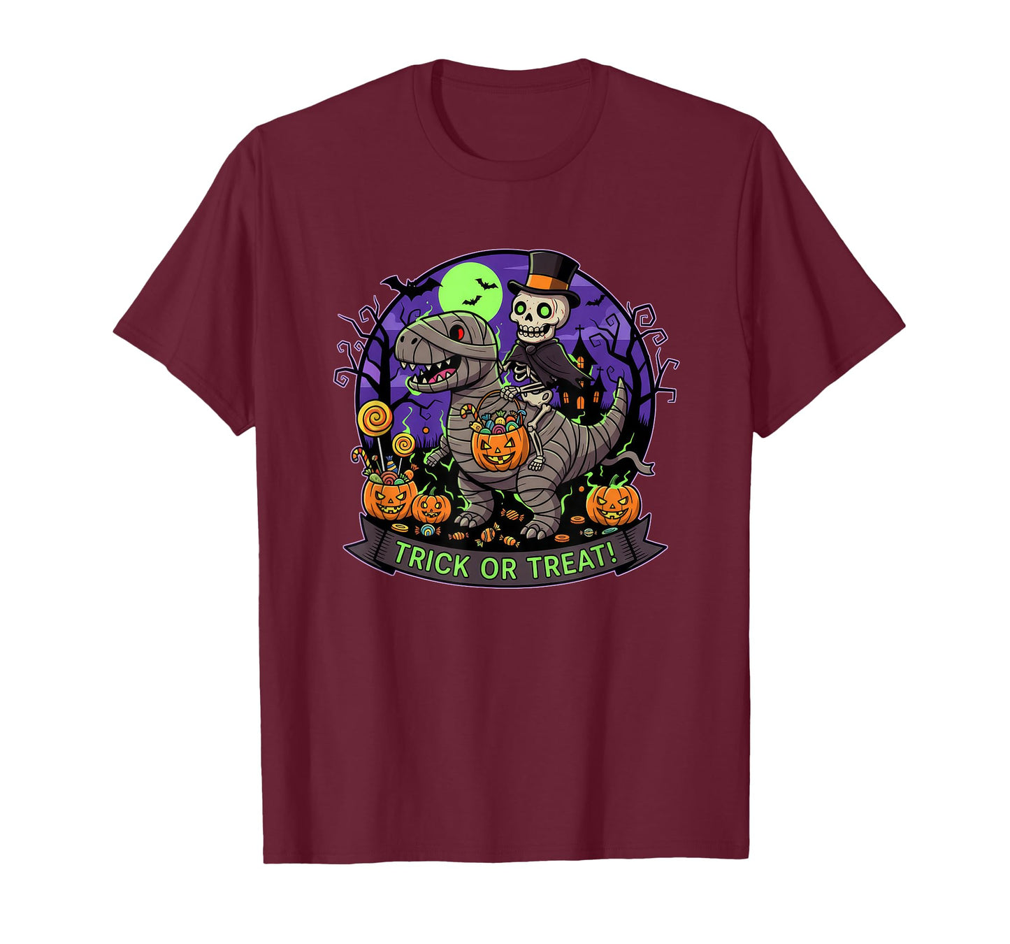 Trick or Treat Skeleton Riding a Mummy Dinosaur and Pumpkin T-Shirt