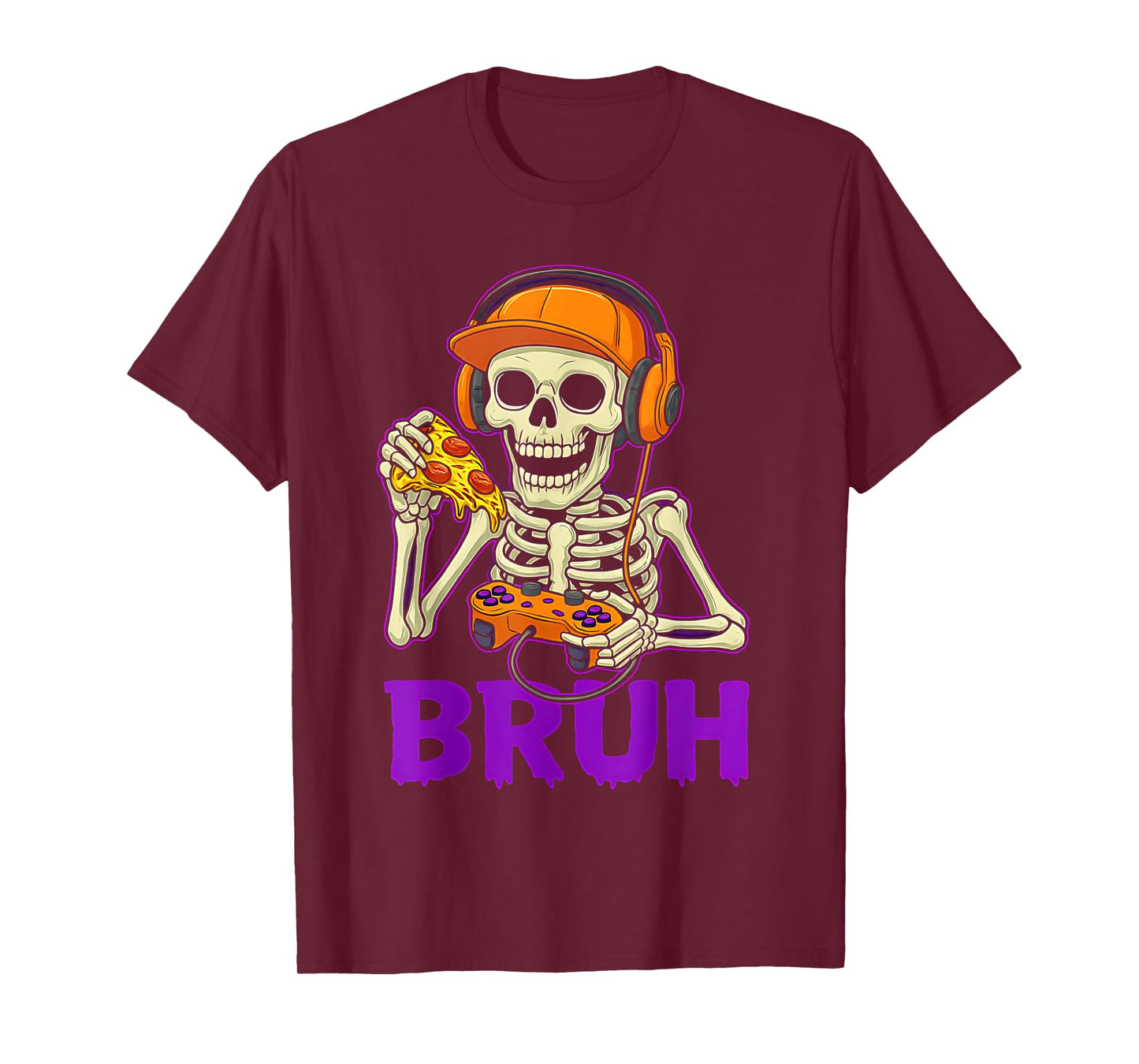 Halloween Skeleton Pizza Gamer Bruh Funny Video Gaming Boys T-Shirt
