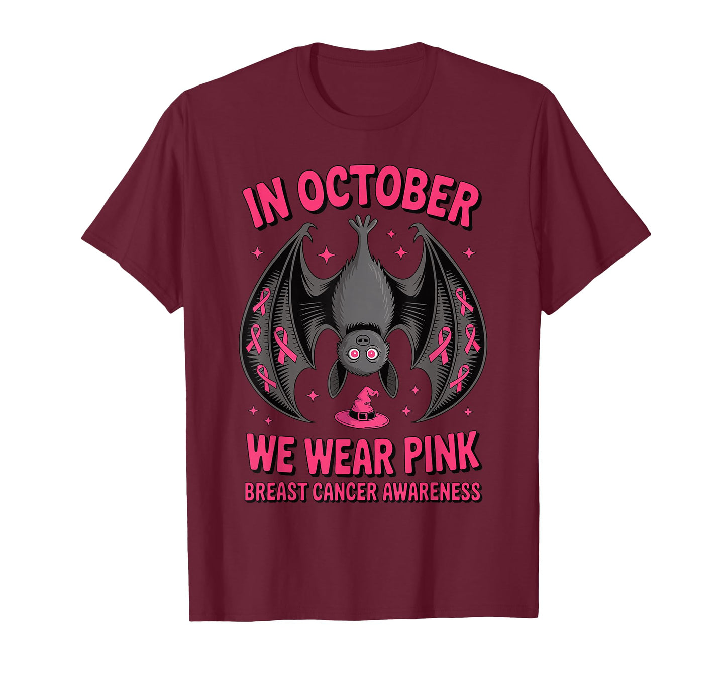 We Wear Pink in October Breast Cancer Bat Women Halloween T-Shirt