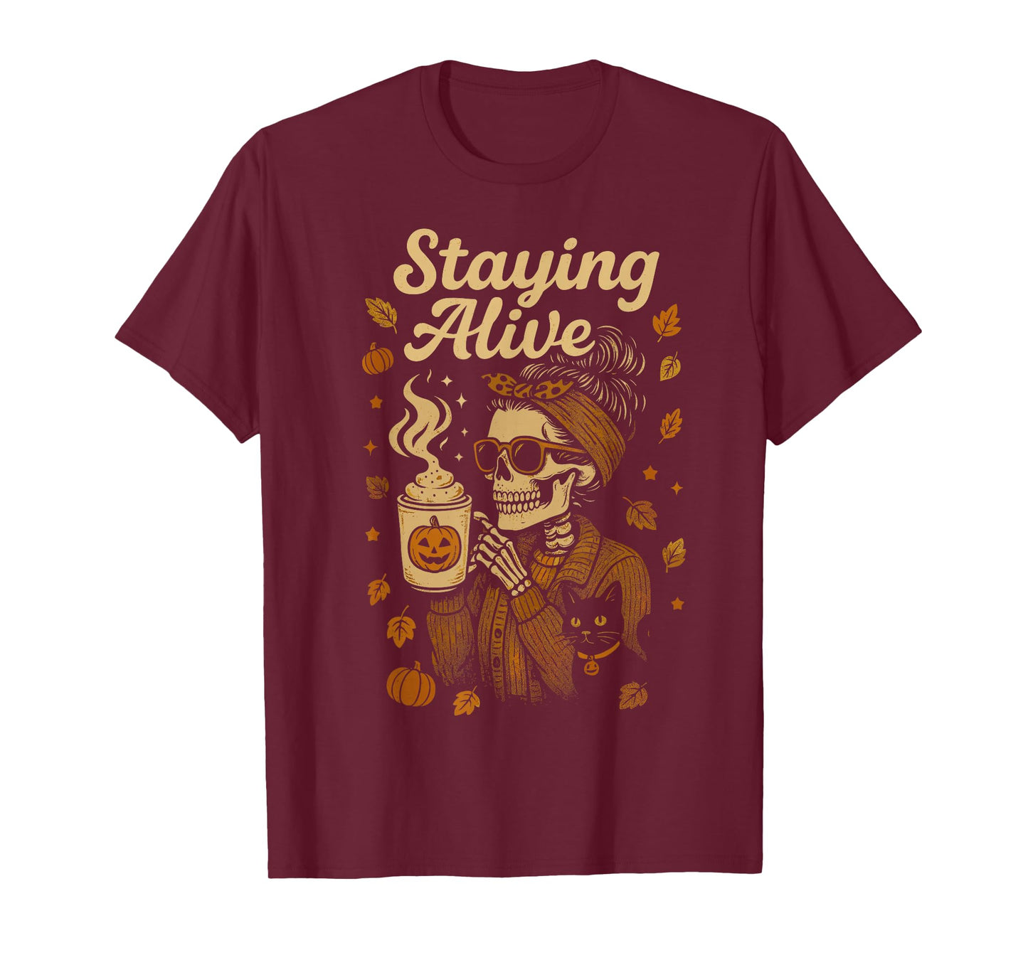 Staying Alive Skeleton Coffee Lover Retro Halloween T-Shirt