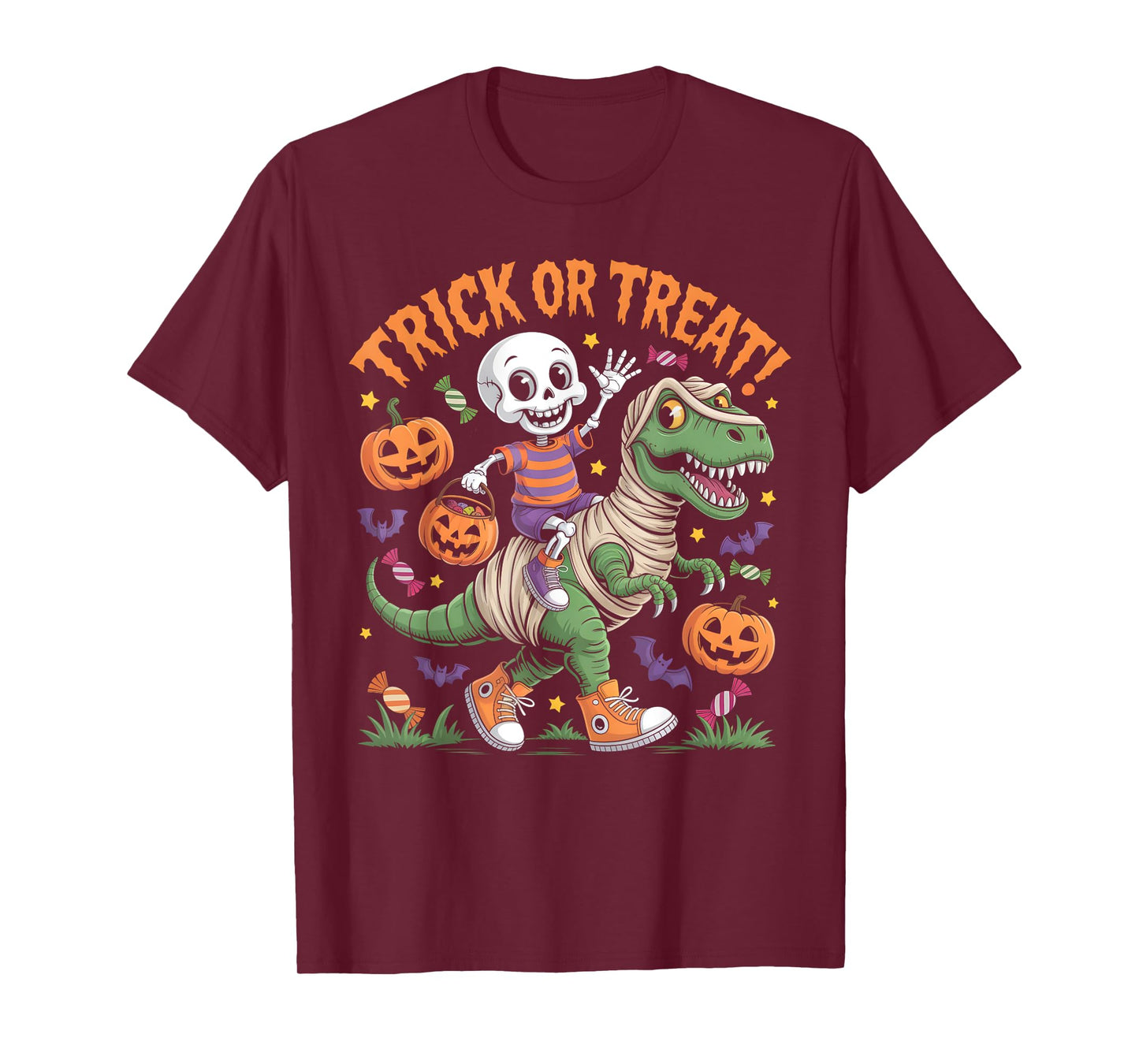 Cute Dino Halloween Skeleton Riding Mummy Dinosaur Rex Kids T-Shirt