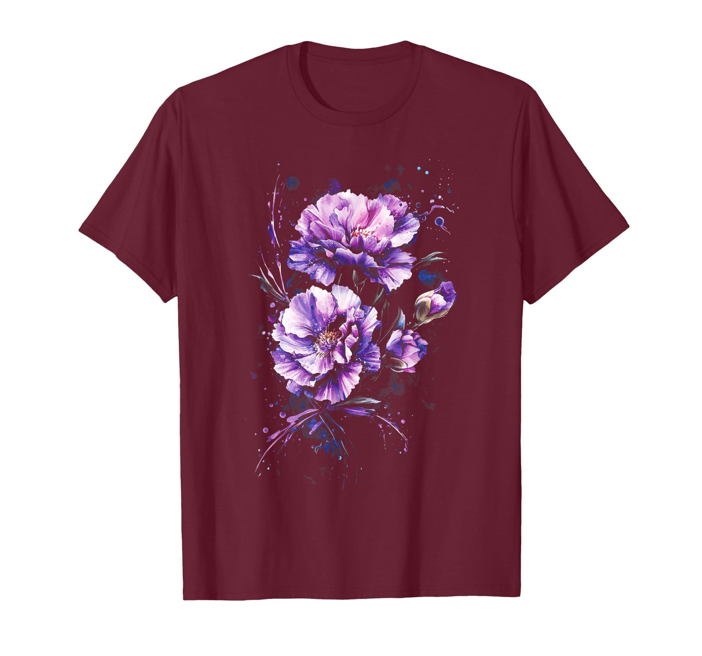 Purple Carnations Watercolor Splash Effect Floral T-Shirt