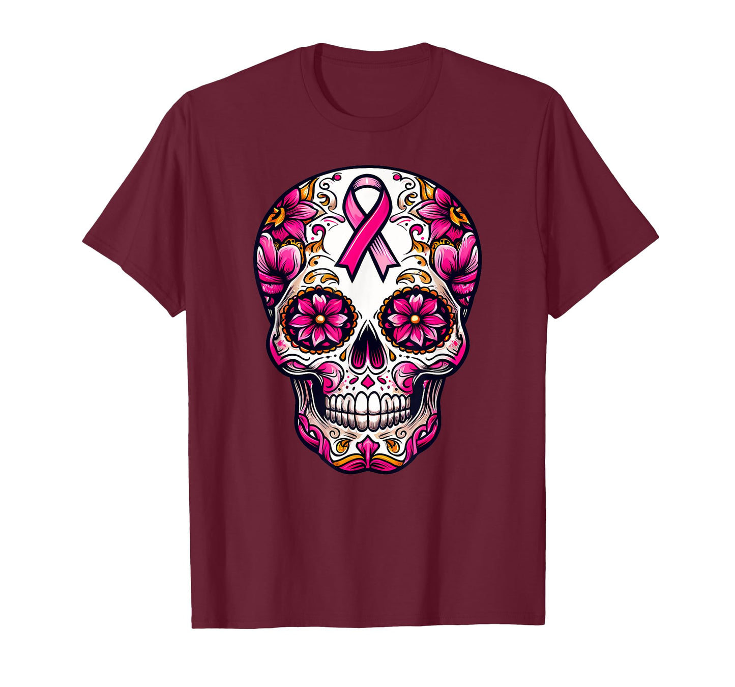 Sugar Skull Pink Ribbon Calavera Breast Cancer Awareness T-Shirt