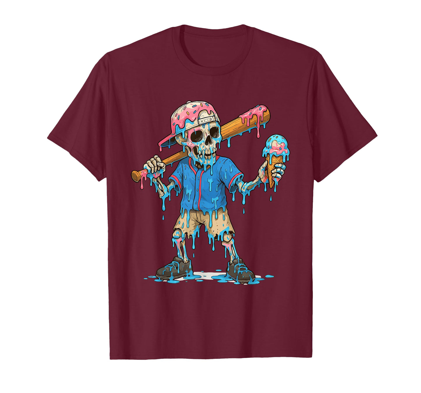 Funny Baseball Skeleton Ice Cream Drip Baseball Boys Youth T-Shirt