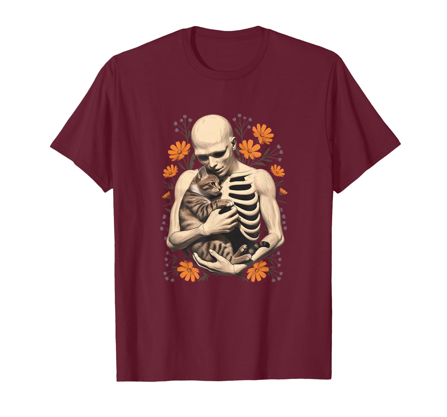 Funny Skeleton Hugging Cat Floral Halloween Cats Lover T-Shirt