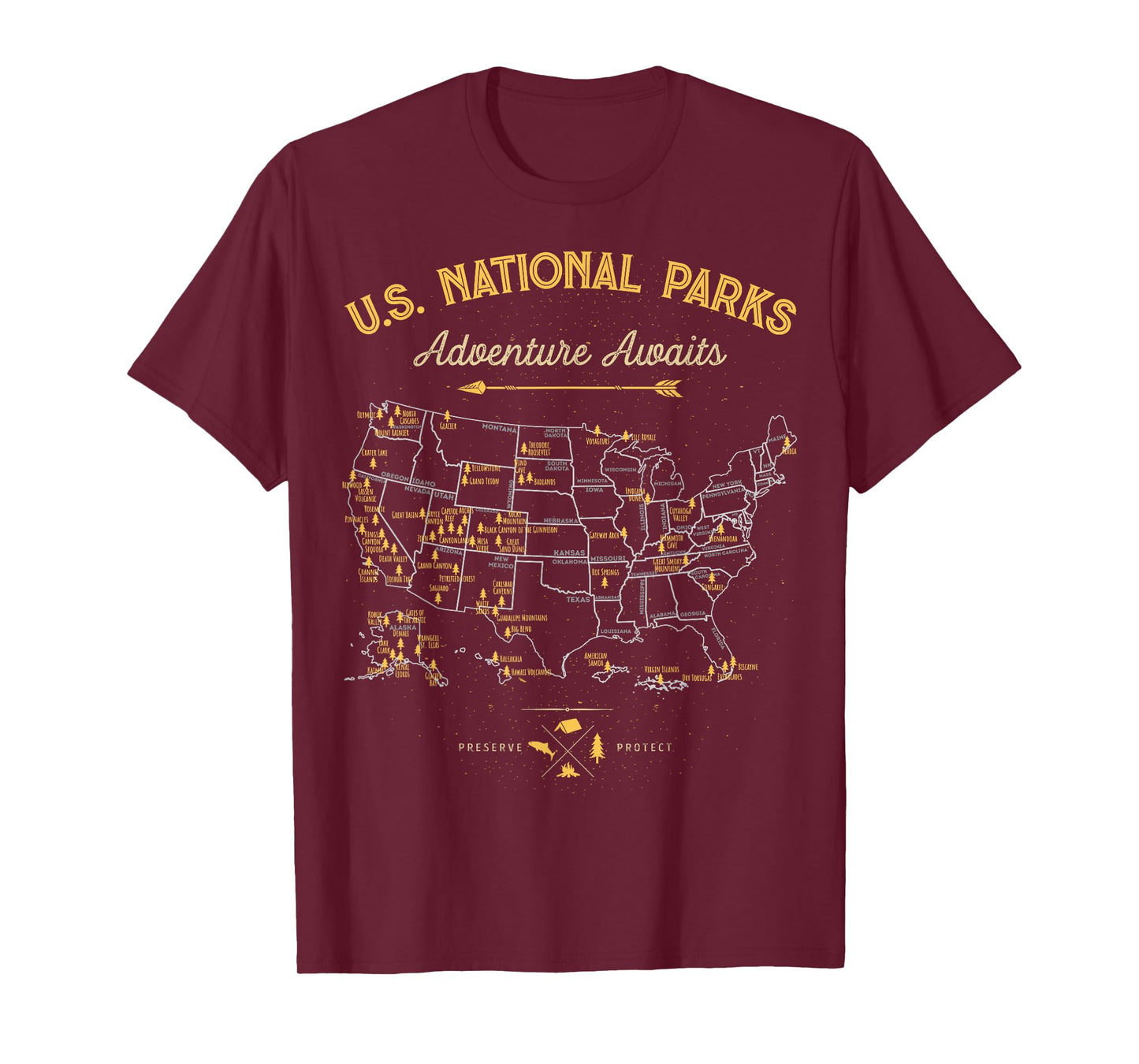 62 National Parks Map Gifts US Park Vintage Camping Hiking T-Shirt