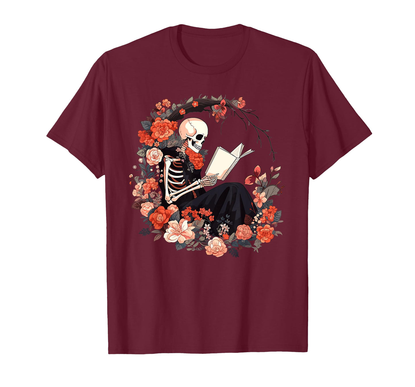 Skeleton Reading Book Lover Floral Flowers Bookish Bookworm T-Shirt