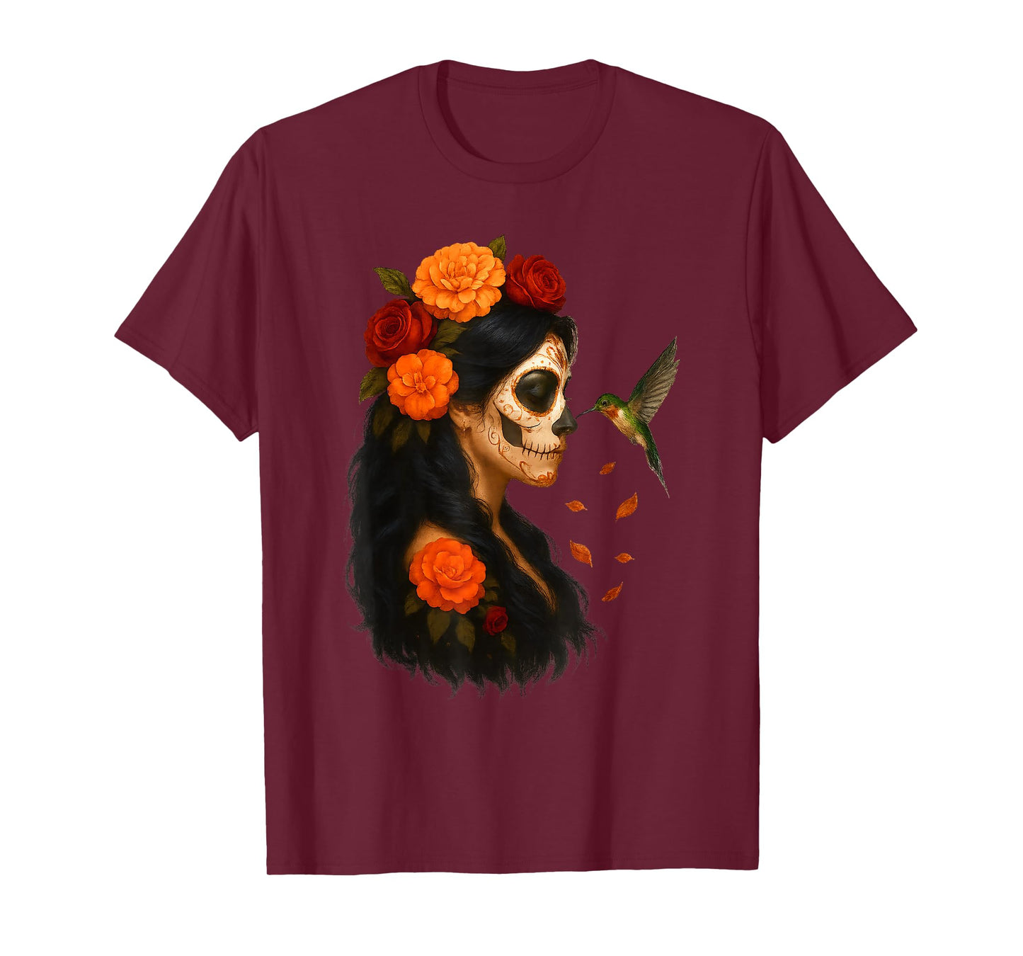 De Los Muertos La Catrina Sugar Skull Hummingbirds Flowers T-Shirt