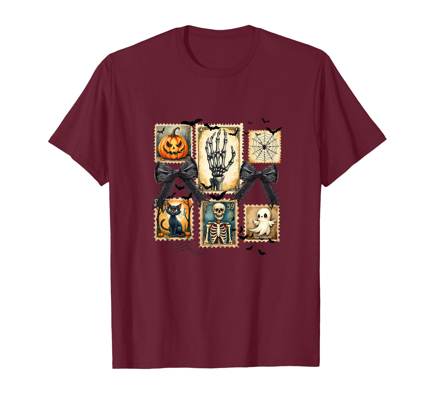 Vintage Halloween Skeleton Cat Ghost Pumpkin Art T-Shirt