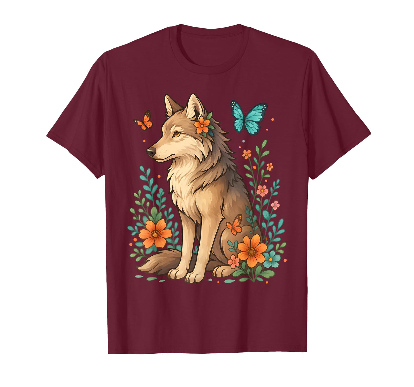 Floral Wolf With Butterflies Mystical Forest Nature Lovers T-Shirt