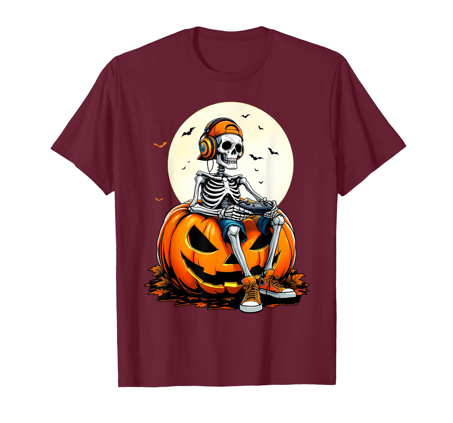 Spooky Pumpkin & Skeleton Gamer Tee | Boys & Kids Halloween T-Shirt