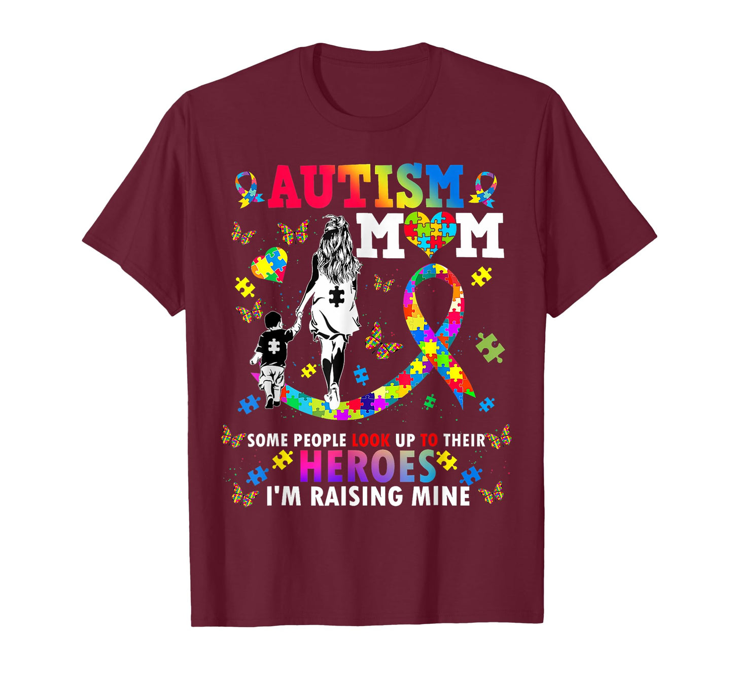 Autism Mom Raising Hero Groovy Heart Puzzle Autism Awareness T-Shirt