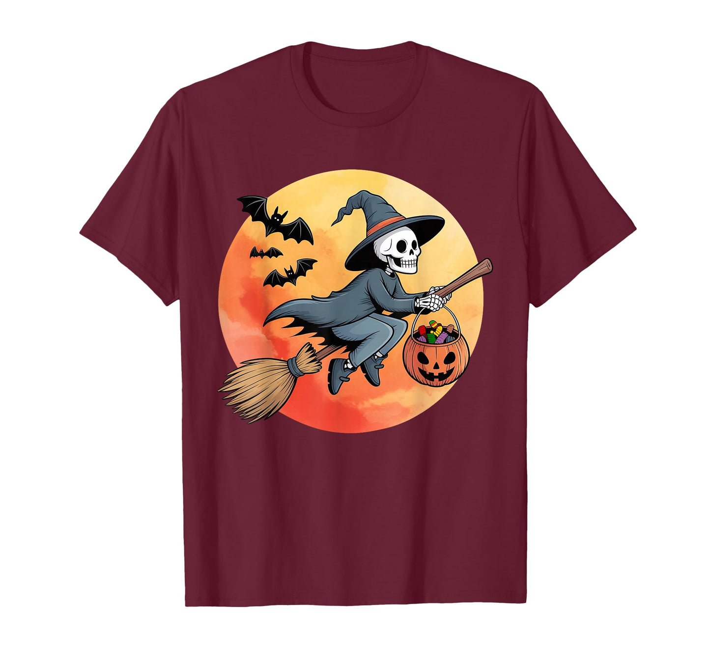 Skeleton Witch Hat Pumpkin Bats Moon Halloween Costumes T-Shirt
