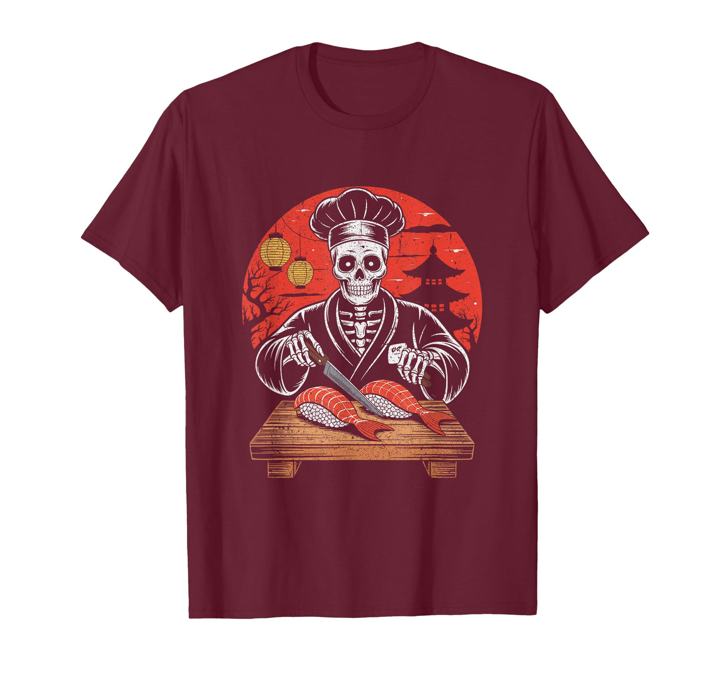 Skeleton Sushi Chef Cutting Salmon Halloween T-Shirt