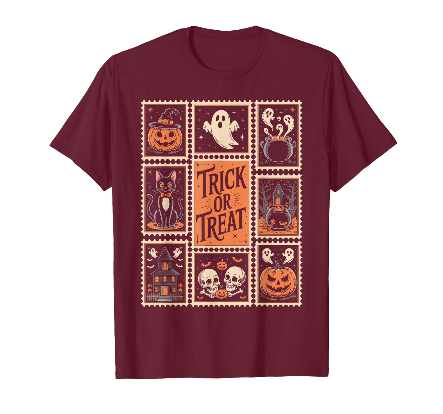 Halloween Stamps Spooky Pumpkin Ghost Cat Witch Skeleton T-Shirt