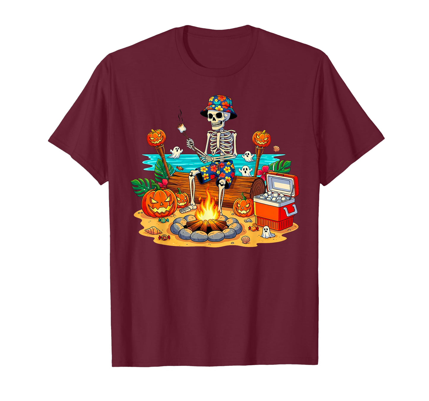 Skeleton Camping Campfire Halloween Pumpkin Spooky T-Shirt