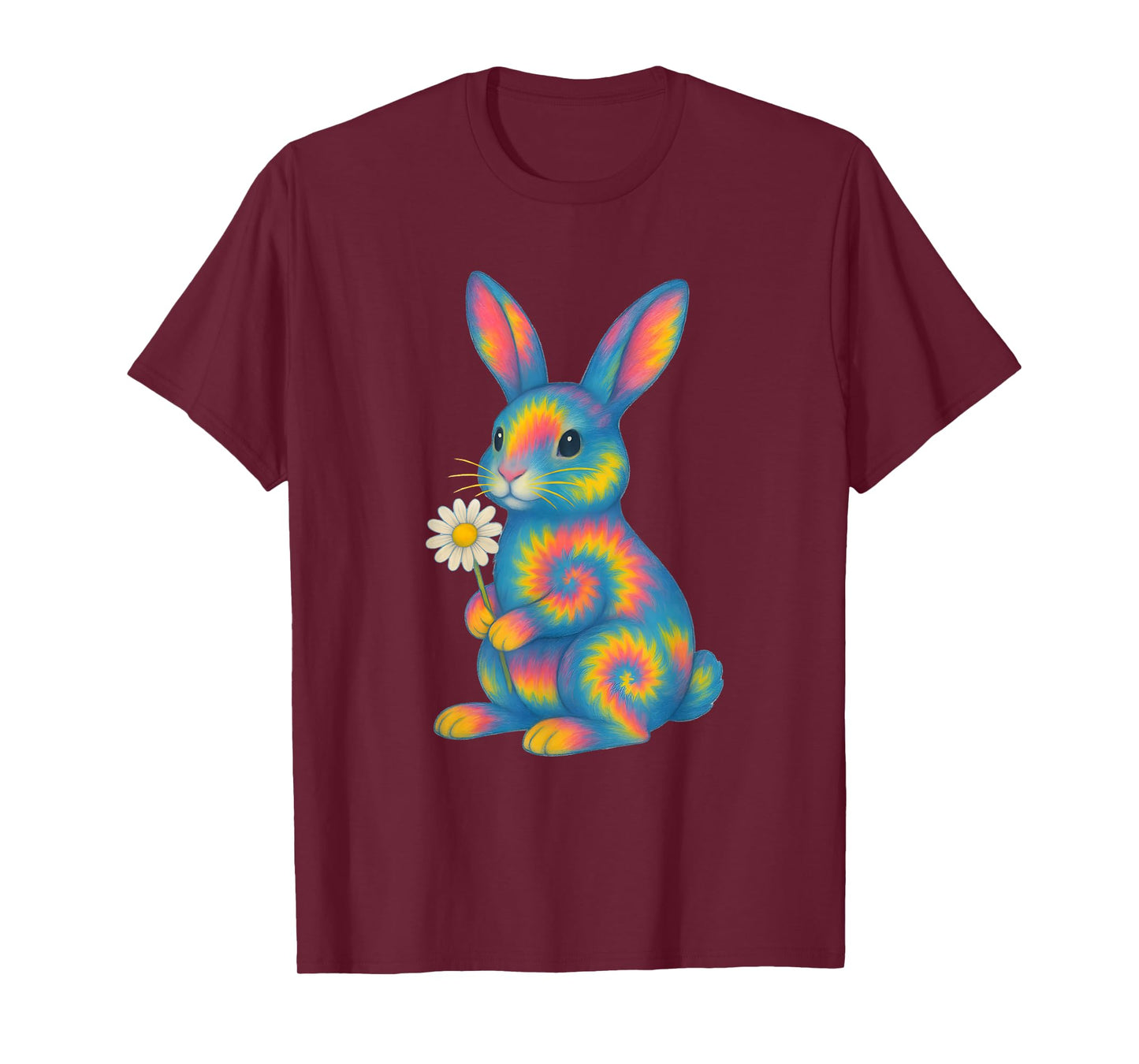 Colorful Tie Dye Bunny with Daisy Flower Illustration T-Shirt