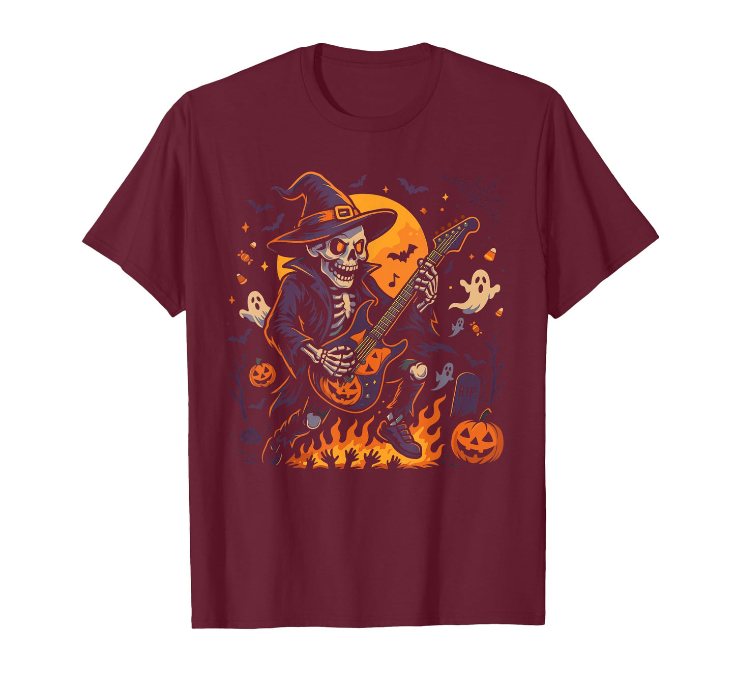 Rocking Skeleton Witch Guitar Halloween Ghost Pumpkin T-Shirt