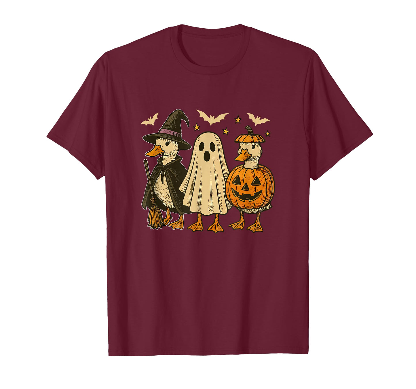 Three Halloween Ducks Cosplay Witch Boo Carved Pumpkin T-Shirt