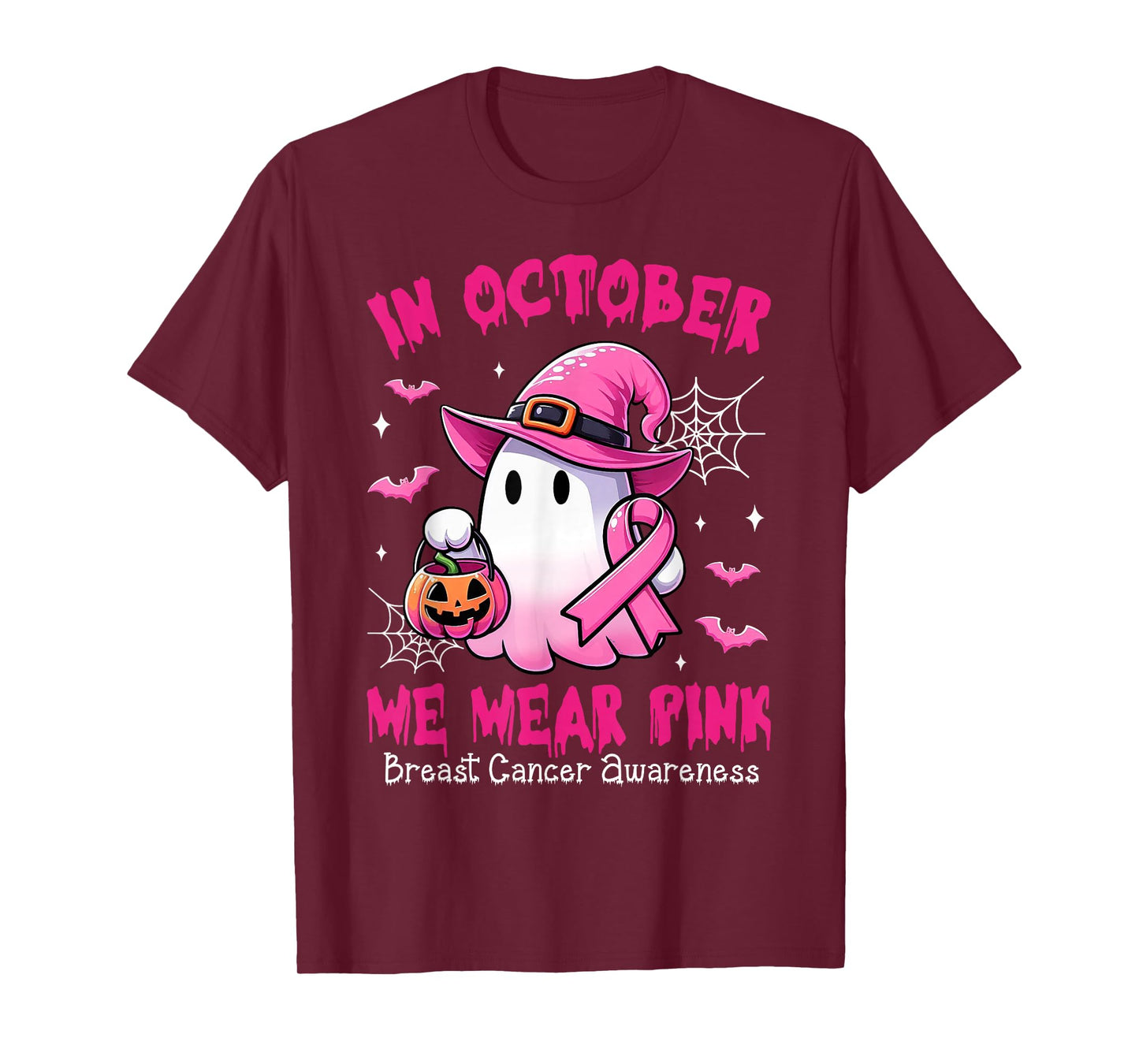 In October We Wear Pink Ghost Witch Breast Cancer Awareness T-Shirt