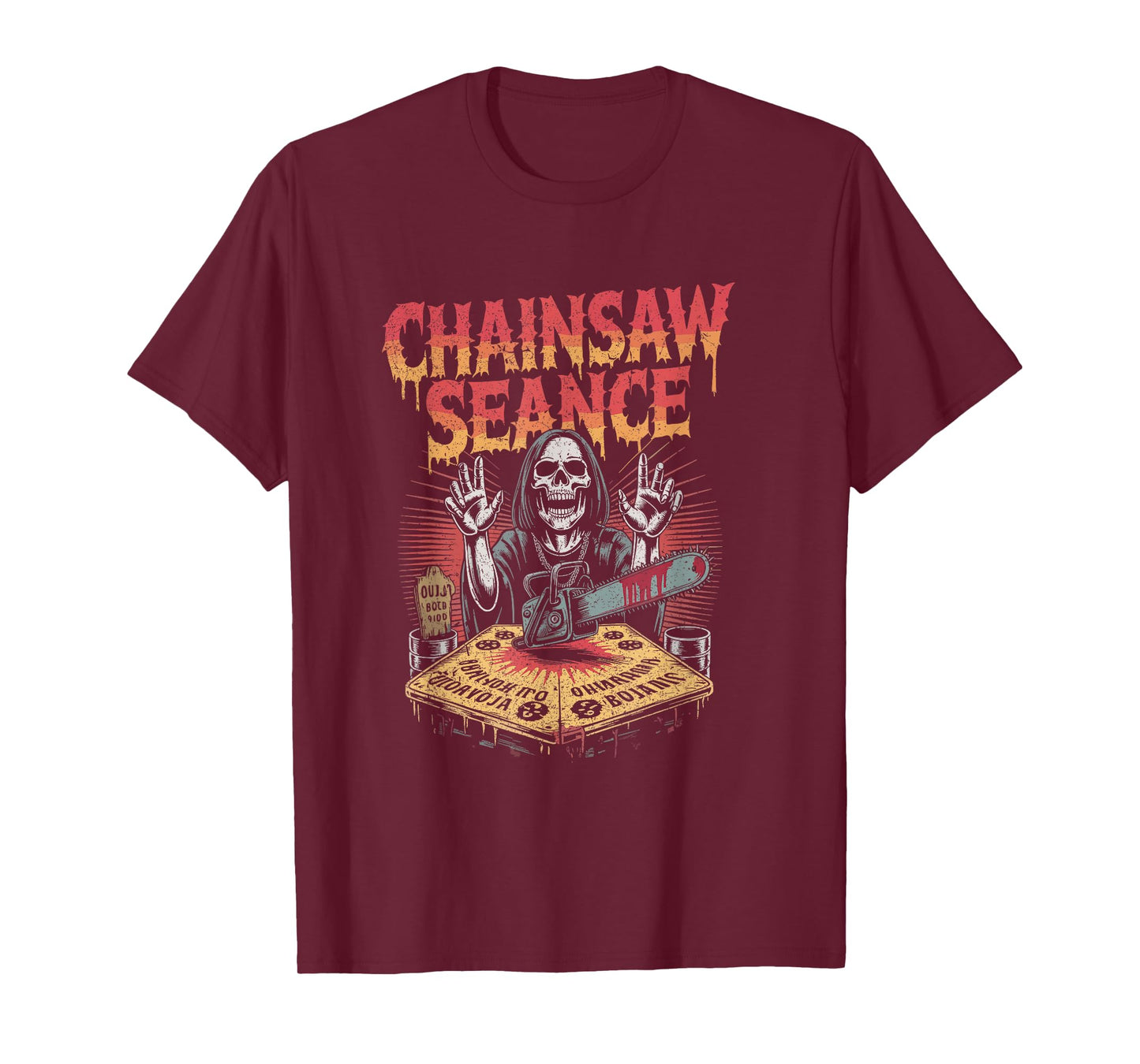 Skeleton Summoner at Ouija Table with Chainsaw Halloween T-Shirt