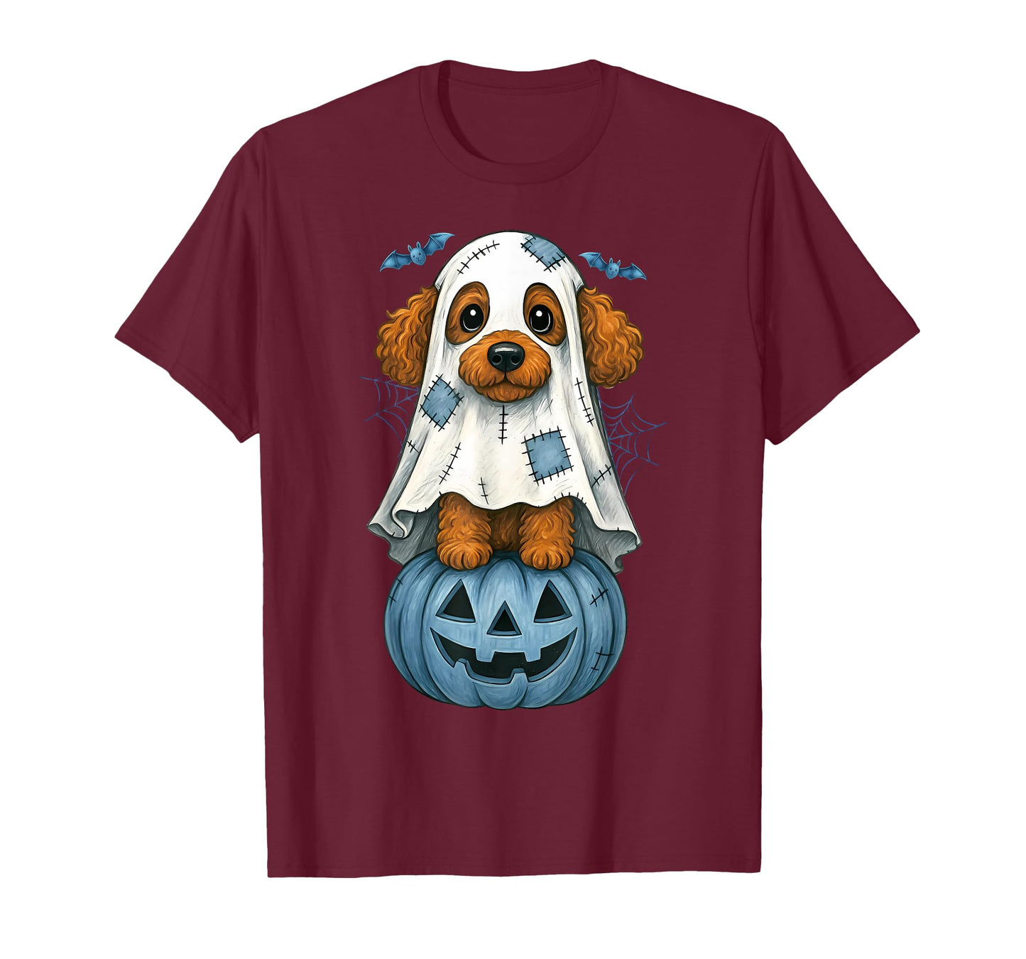 Halloween Ghost Poodle Pumpkin Blue Denim Patchwork Spooky T-Shirt