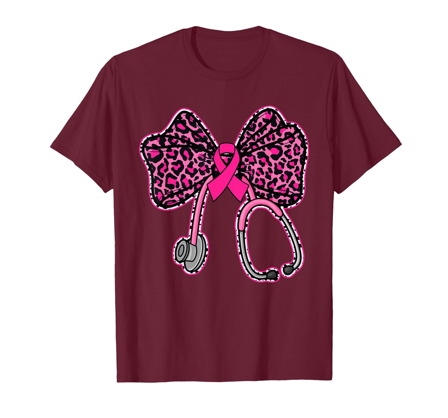 Leopard Coquette Bow Pink Stethoscope Nurse Breast Cancer T-Shirt